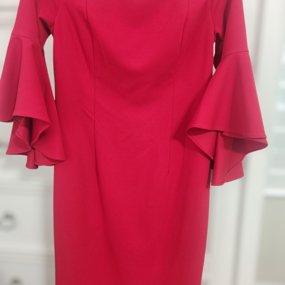 Calvin Klein Red Off-Shoulder Long Bell Sleeve Dress Sz 6 - Picture 4 of 6